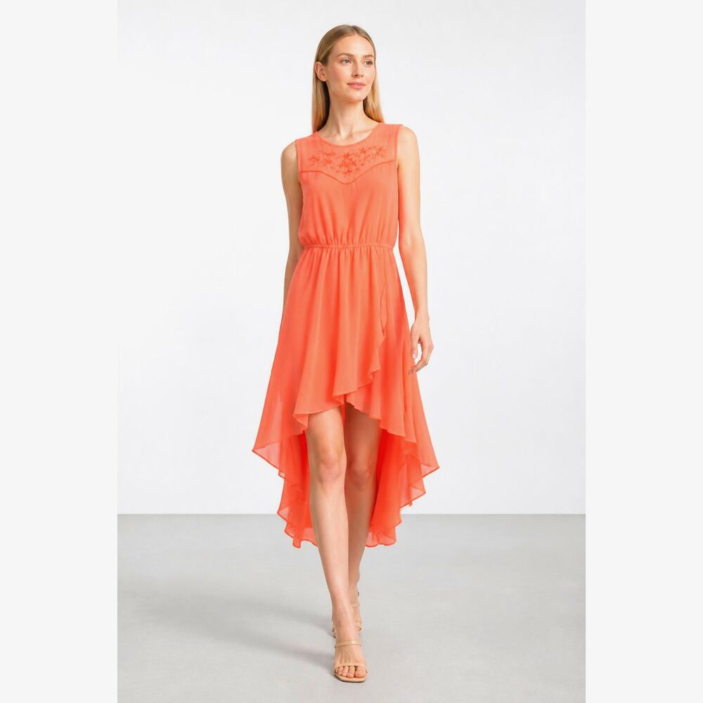 Sleeveless Coral  High-Low Chiffon Dress with Embroidered Lace Yoke small